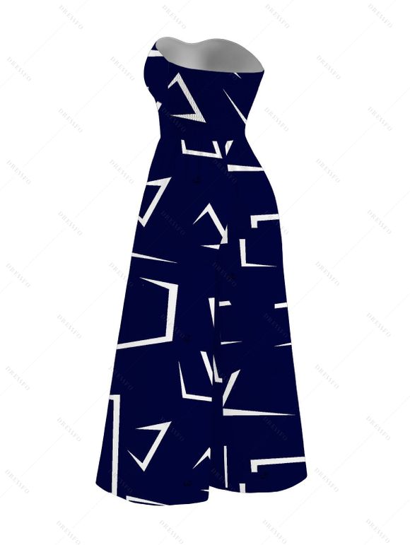 Vacation Couple Outfit Geometric Line Print Bowknot Pocket Off the Shoulder Jumpsuit and Shirt Set - Bleu profond S | US 4