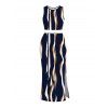 Vintage Women Outfit Vertical Wave Stripe Print Cropped Tank Top and Slit Bodycon Skirt Set - Bleu de Minuit XXL | US 14