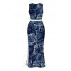 Casual Women Outfit Vintage Faux Denim Print Tank Top and Slit Bodycon Skirt Set - Bleu profond L | US 8-10