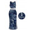 Casual Women Outfit Vintage Faux Denim Print Tank Top and Slit Bodycon Skirt Set - Bleu profond L | US 8-10
