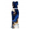 Vacation Couple Outfit Metallic Gold Fluid Marble Print Cropped Tank Top Bodycon Slit Skirt Set and Shirt Set - Bleu profond S | US 4