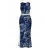 Casual Couple Outfit Vintage Faux Denim Print Tank Top Slit Bodycon Skirt and Shirt Set - Bleu profond S | US 4