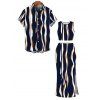 Vintage Couple Outfit Vertical Wave Stripe Print Cropped Tank Top Slit Bodycon Skirt and Shirt Set - Bleu de Minuit S | US 4