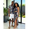 Vintage Couple Outfit Vertical Wave Stripe Print Cropped Tank Top Slit Bodycon Skirt and Shirt Set - Bleu de Minuit S | US 4