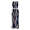 Vintage Couple Outfit Vertical Wave Stripe Print Cropped Tank Top Slit Bodycon Skirt and Shirt Set - Bleu de Minuit S | US 4