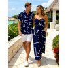 Vacation Couple Outfit Geometric Line Print Bowknot Pocket Off the Shoulder Jumpsuit and Shirt Set - Bleu profond S | US 4
