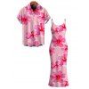 Vacation Couple Outfit Hibiscus Floral Print Spaghetti Strap Maxi Bodycon Dress and Shirt Set - Rose S | US 4