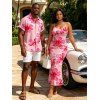 Vacation Couple Outfit Hibiscus Floral Print Spaghetti Strap Maxi Bodycon Dress and Shirt Set - Rose S | US 4