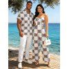 Vintage Couple Outfit Ethnic Geometric Print Bowknot Pocket Off the Shoulder Jumpsuit and Shirt Set - Brun S | US 4