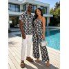 Vintage Couple Outfit Monochrome Maze Interlocking Hui Scroll Geometric Print Bowknot Pocket Off the Shoulder Jumpsuit and Shirt Set - Noir S | US 4
