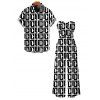 Vintage Couple Outfit Monochrome Maze Interlocking Hui Scroll Geometric Print Bowknot Pocket Off the Shoulder Jumpsuit and Shirt Set - Noir S | US 4