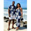 Vacation Couple Outfit Geometric Tribal Print Zig Zag Patchwork Print Spaghetti Strap Maxi Bodycon Dress and Shirt Set - Bleu S | US 4