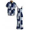 Vacation Couple Outfit Geometric Tribal Print Zig Zag Patchwork Print Spaghetti Strap Maxi Bodycon Dress and Shirt Set - Bleu S | US 4