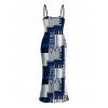 Vacation Couple Outfit Geometric Tribal Print Zig Zag Patchwork Print Spaghetti Strap Maxi Bodycon Dress and Shirt Set - Bleu S | US 4