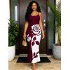 Vacation Dress Contract Color Rose Floral Print Spaghetti Strap Bodycon Dress - Rouge Vineux XXL | US 14
