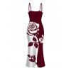 Vacation Dress Contract Color Rose Floral Print Spaghetti Strap Bodycon Dress - Rouge Vineux XXL | US 14