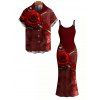 Vacation Couple Outfit Rose Floral Metallic Gold Scroll Vine Print Spaghetti Strap Maxi Bodycon Dress and Shirt Set - Rouge Vineux S | US 4
