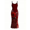 Vacation Couple Outfit Rose Floral Metallic Gold Scroll Vine Print Spaghetti Strap Maxi Bodycon Dress and Shirt Set - Rouge Vineux S | US 4