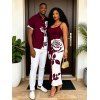 Hawaiian Vacation Couple Outfit Contract Color Rose Floral Print Spaghetti Strap Bodycon Dress and Shirt Set - Rouge Vineux S | US 4