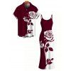 Hawaiian Vacation Couple Outfit Contract Color Rose Floral Print Spaghetti Strap Bodycon Dress and Shirt Set - Rouge Vineux S | US 4