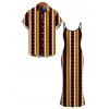 Hawaiian Vacation Couple Outfit Colorblock Zig Zag Print Bodycon Mermaid Maxi Dress and Shirt Set - Rouge Vineux S | US 4
