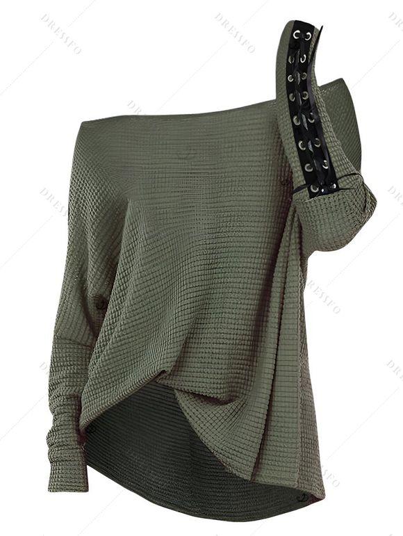 Women Outfit Solid Color Textured Skew Neck Top and Zipper Buckle Leggings Set - Vert Armée S | US 4