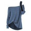 Haut décontracté texturé de couleur unie à manches longues et col incliné - Bleu XL | US 12