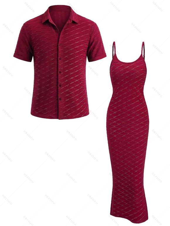 Casual Couple Outfit Solid Color Wavy Jacquard Embossed Texture Print Bodycon Maxi Dress and Shirt Set - Rouge Vineux S | US 4