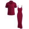 Casual Couple Outfit Solid Color Wavy Jacquard Embossed Texture Print Bodycon Maxi Dress and Shirt Set - Rouge Vineux S | US 4