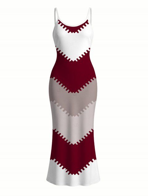Vintage Dress Colorblock Jagged Zig Zag Print Spaghetti Strap Maxi Bodycon Dress
