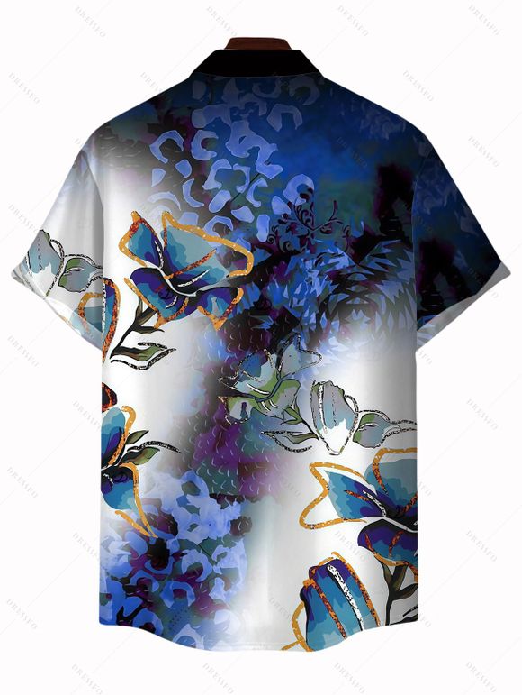 Men's Vacation Shirt Ink Wash Ombre Butterfly Floral Print Button Up Shirt - Bleu profond 5XL