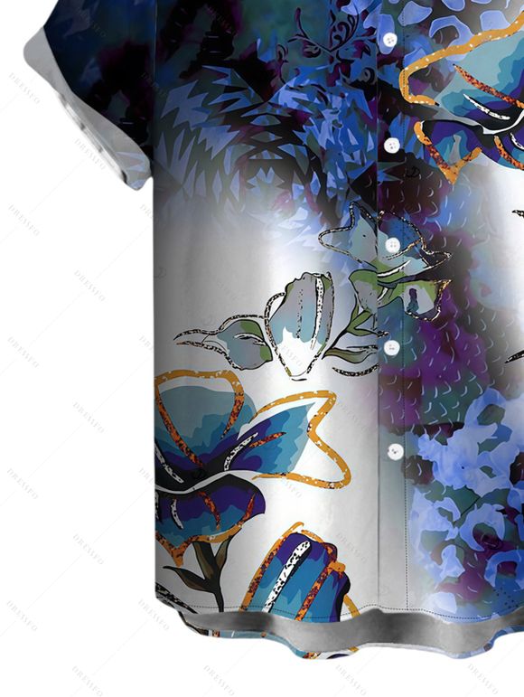 Men's Vacation Shirt Ink Wash Ombre Butterfly Floral Print Button Up Shirt - Bleu profond 5XL