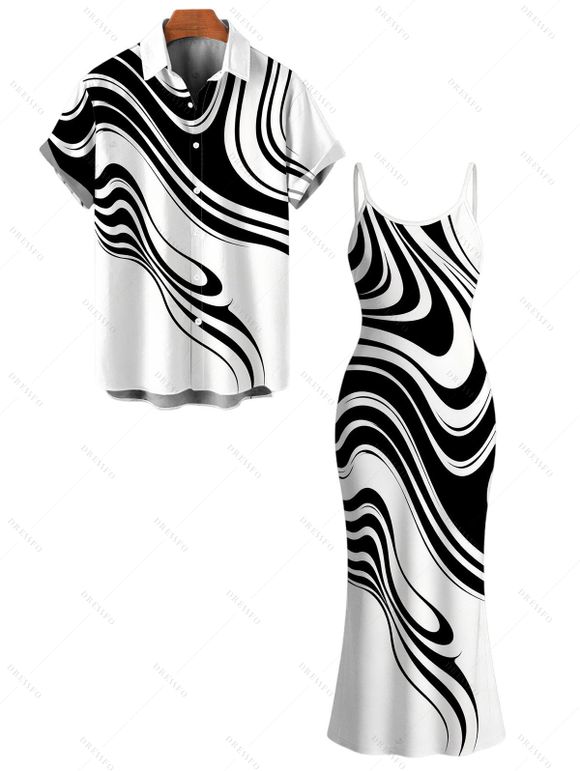 Casual Couple Outfit Contrast Color Abstract Fluid Swirl Print Spaghetti Strap Maxi Bodycon Dress and Shirt Set - Blanc S | US 4