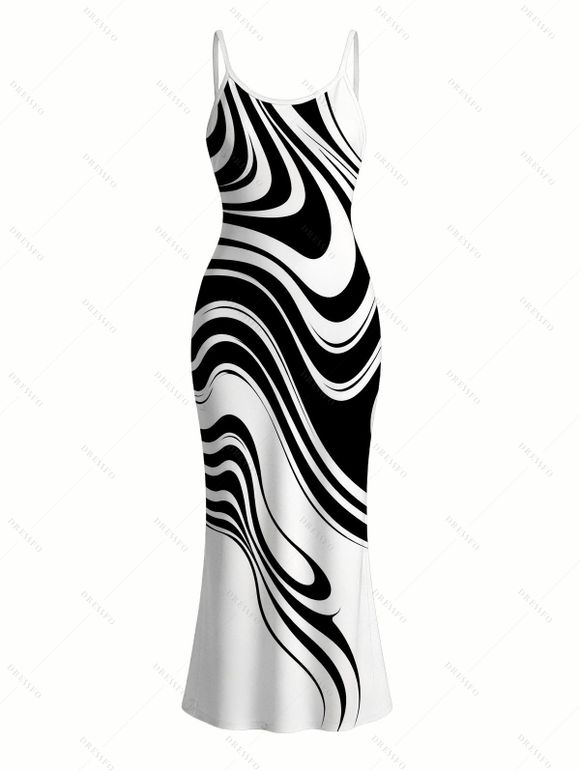 Casual Couple Outfit Contrast Color Abstract Fluid Swirl Print Spaghetti Strap Maxi Bodycon Dress and Shirt Set - Blanc S | US 4