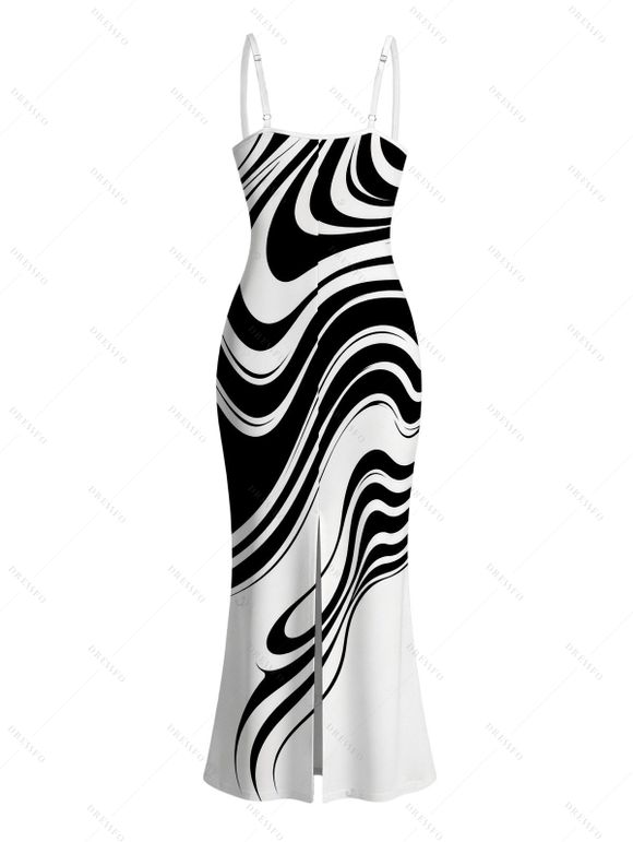 Casual Couple Outfit Contrast Color Abstract Fluid Swirl Print Spaghetti Strap Maxi Bodycon Dress and Shirt Set - Blanc S | US 4