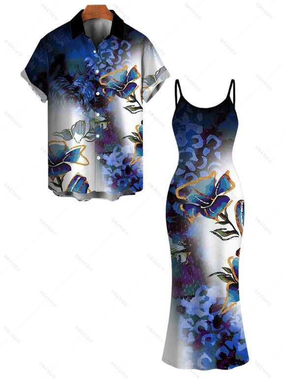 Vacation Couple Outfit Ink Wash Ombre Butterfly Floral Print Spaghetti Strap Maxi Bodycon Dress and Shirt Set - Bleu profond S | US 4