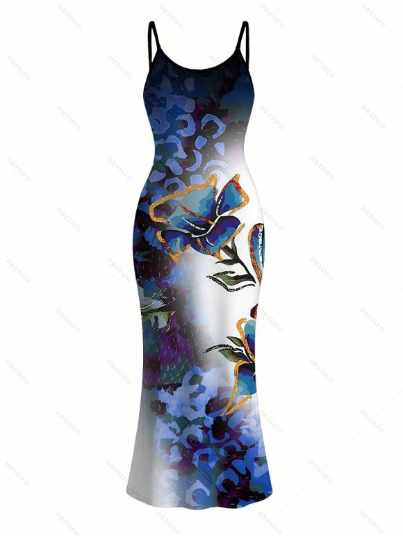 Vacation Couple Outfit Ink Wash Ombre Butterfly Floral Print Spaghetti Strap Maxi Bodycon Dress and Shirt Set - Bleu profond S | US 4