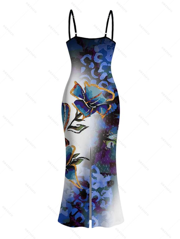 Vacation Couple Outfit Ink Wash Ombre Butterfly Floral Print Spaghetti Strap Maxi Bodycon Dress and Shirt Set - Bleu profond S | US 4