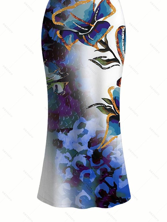 Vacation Couple Outfit Ink Wash Ombre Butterfly Floral Print Spaghetti Strap Maxi Bodycon Dress and Shirt Set - Bleu profond S | US 4