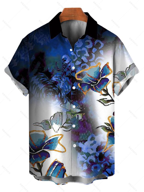 Vacation Couple Outfit Ink Wash Ombre Butterfly Floral Print Spaghetti Strap Maxi Bodycon Dress and Shirt Set - Bleu profond S | US 4