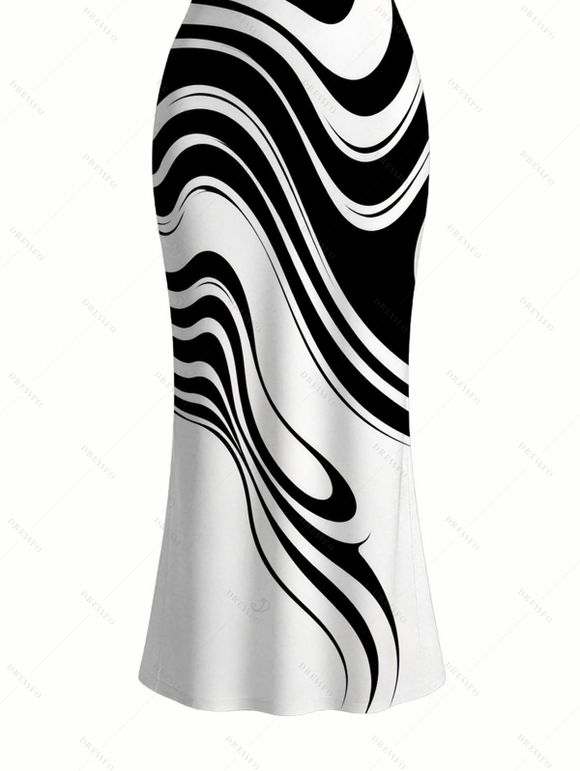 Casual Dress Contrast Color Abstract Fluid Swirl Print Spaghetti Strap Maxi Bodycon Dress - Blanc XXL | US 14