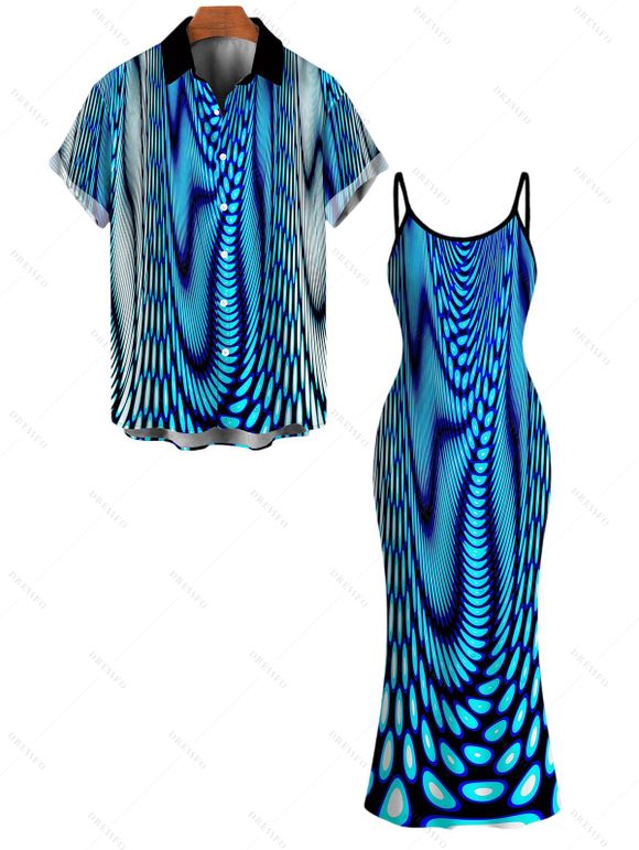 Vacation Couple Outfit Gradient Swirl Psychedelic Ripple Print Spaghetti Strap Maxi Bodycon Dress and Shirt Set - Bleu S | US 4