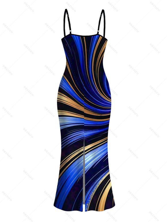 Vacation Dress Metallic Gold Fluid Swirl Print Spaghetti Strap Maxi Bodycon Dress - Bleu profond XXL | US 14
