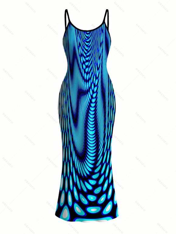 Vacation Couple Outfit Gradient Swirl Psychedelic Ripple Print Spaghetti Strap Maxi Bodycon Dress and Shirt Set - Bleu S | US 4