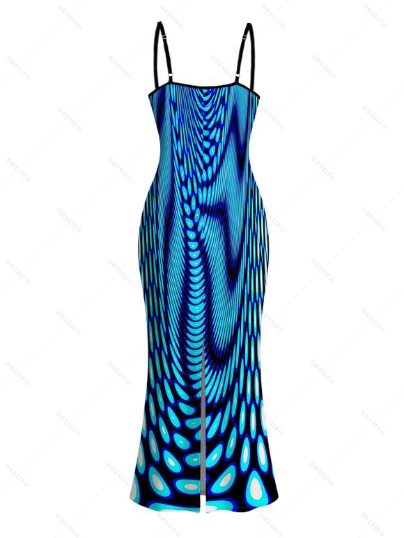 Vacation Couple Outfit Gradient Swirl Psychedelic Ripple Print Spaghetti Strap Maxi Bodycon Dress and Shirt Set - Bleu S | US 4