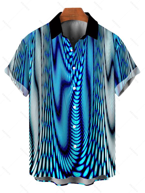 Vacation Couple Outfit Gradient Swirl Psychedelic Ripple Print Spaghetti Strap Maxi Bodycon Dress and Shirt Set - Bleu S | US 4