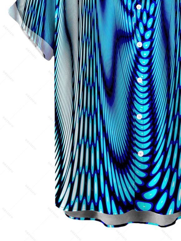 Vacation Couple Outfit Gradient Swirl Psychedelic Ripple Print Spaghetti Strap Maxi Bodycon Dress and Shirt Set - Bleu S | US 4