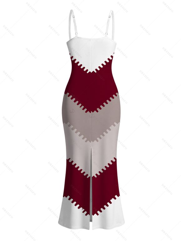 Vintage Dress Colorblock Jagged Zig Zag Print Spaghetti Strap Maxi Bodycon Dress - Rouge Vineux XXL | US 14