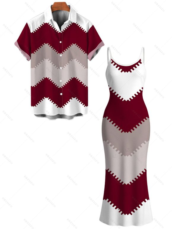 Vintage Couple Outfit Colorblock Jagged Zig Zag Print Spaghetti Strap Maxi Bodycon Dress and Shirt Set - Rouge Vineux S | US 4