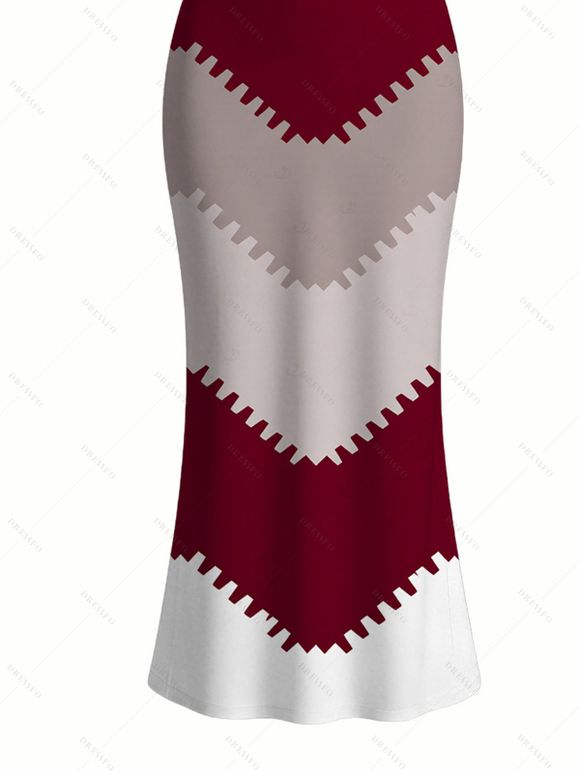 Vintage Couple Outfit Colorblock Jagged Zig Zag Print Spaghetti Strap Maxi Bodycon Dress and Shirt Set - Rouge Vineux S | US 4